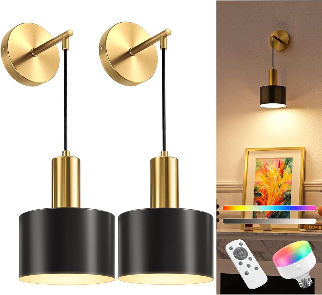 NIORSUN Battery Operated Wall Sconce Set of 2, Gold & Black Wireless Rechargeable Wall Lights with 5200mAh Dimmable Detachable Bulbs and Remote, 9 Colors Sconces Wall Decor for Bedroom Living Room