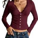 WDIRARA Women's Lace Trim Deep V Neck T Shirts Textured Long Sleeve Fitted Crop Top Coquette Tee Burgundy Small