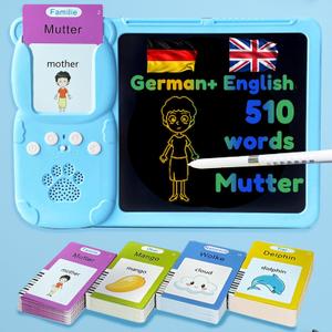 Drawing Tablet with Bilingual Flashcards for Kids - German English Talking Flash Cards, LCD Writing Pad Board, Pocket Speech for Toddlers, Learning Toy Gift for Boys Girls (German, Blue)