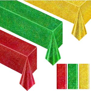 Christmas Table Cloth 40" x 108" Red, Green and Gold Holographic Laser Tablecloth Iridescence Shining Plastic Disposable Party Table Decoration For Holiday Event Birthday Party Decor Supplies