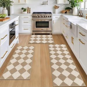 SHACOS 3 Piece Checkered Kitchen Runner Rug Washable Non Slip Kitchen Rug Set Indoor Floor Carpet Doormat, Hallway Entryway Runner Rug for Laundry, Bathroom, Living Room, 17"x30"+17"x47"+17"x59"