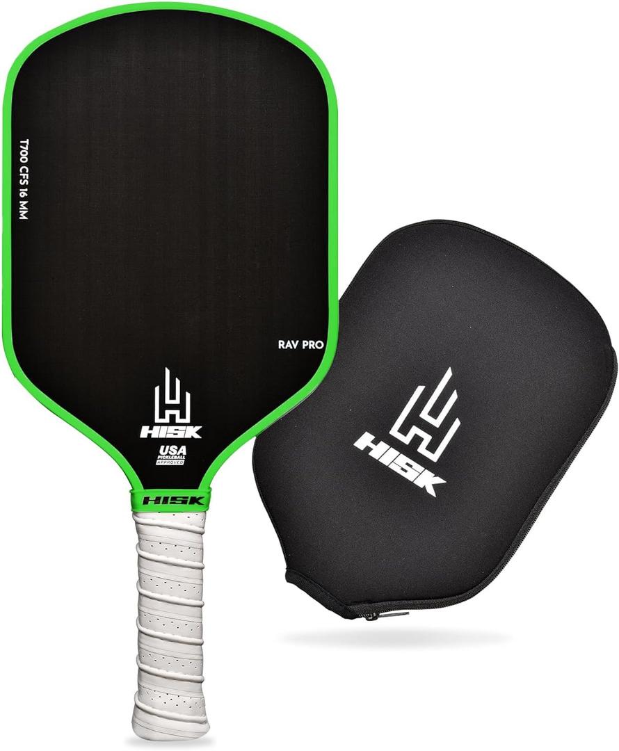 RAV PRO Pickleball Paddle - Ultimate HIGH END 16mm Japanese Toray T700 Raw Carbon Fiber CFS w/Excellent GRIT Roughness Texture, Aero Dynamic Curve, USAPA Approved, Non Slip Grip (Green)