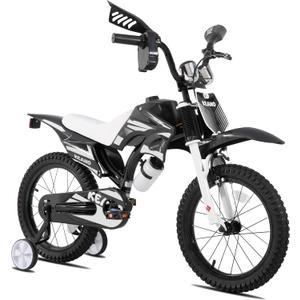 KEANO Motocross Style Kids Bike for Boys Girls Ages 3-7 Years, 12 & 16 Inch Bikes with Training Wheels and Number Plate, Children Bicycles, Black