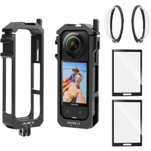 Insta 360 X5 Aluminum Frame Cage Case Bag Premium Glass Lens Guard Set Screen Protector for Insta360 X5 X 5 Accessories Kit Anti-Scratch Metal Shell Protective Film Cover (Black)