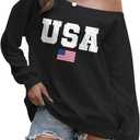 Usa Off The Shoulder Sweatshirt Women Oversized American Flag Long Sleeve Shirt Vintage Graphic Pullover Sweatshirts, Small