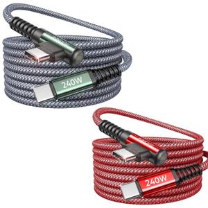 AINOPE 240W USB C to USB C Cable Fast Charging 6FT,Right Angle Fast Type C Charging Cable Fits iPhone 16 Pro Max Plus,iPhone 15,MacBook Air/Pro,iPad Pro,Samsung,Pixel,All Devices, Grey,Red 2Pack