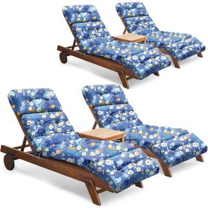 Tycdiose Outdoor Chaise Lounge Chair Cushion Set of 4, Waterproof 74.4 x 22 x 4.7 Inches Memory Foam Thickened Lounge Chair Cushions Replacement for Outdoor Furniture with Ties, Blue Floral