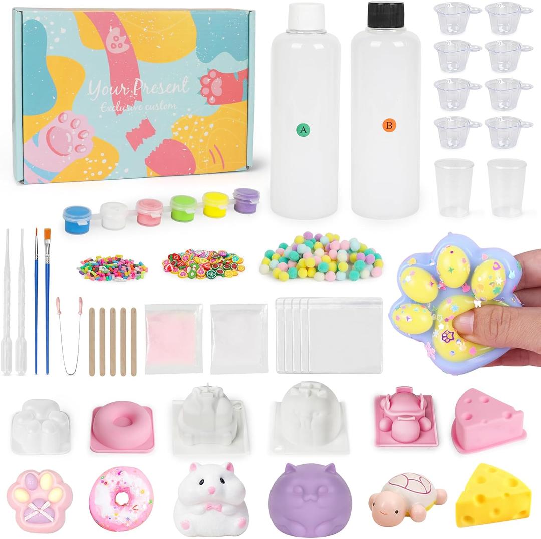 Starry Taba Squishy Kit Set 500g Taba Squishy Making DIY Kit with 1:1 AB Liquid Silicone Faster Fully Cures Bubble Free with 6 Molds, Flocking Powder for Stress Relief Gift