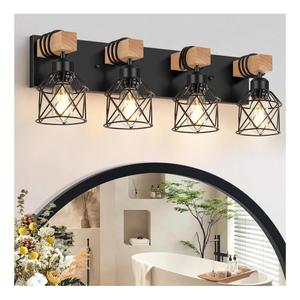 FadimiKoo 4-Light Rustic Style Wood Bathroom Vanity Light Fixtures, Black Bathroom Lighting with Cage Metal Shade, Farmhouse Wall Sconces for Hallway, Bedroom, Dressing Table