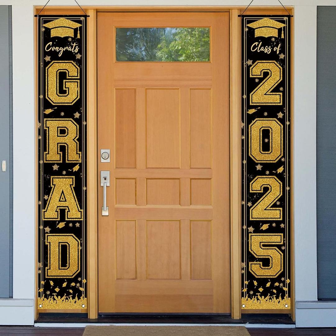 Jiudungs Black and Gold Graduation Decorations Class of 2025 Congrats Grad Class of 2025 Porch Sign Banner 2025 Graduation Party Grad Party Prom Decorations and Supplies for Home