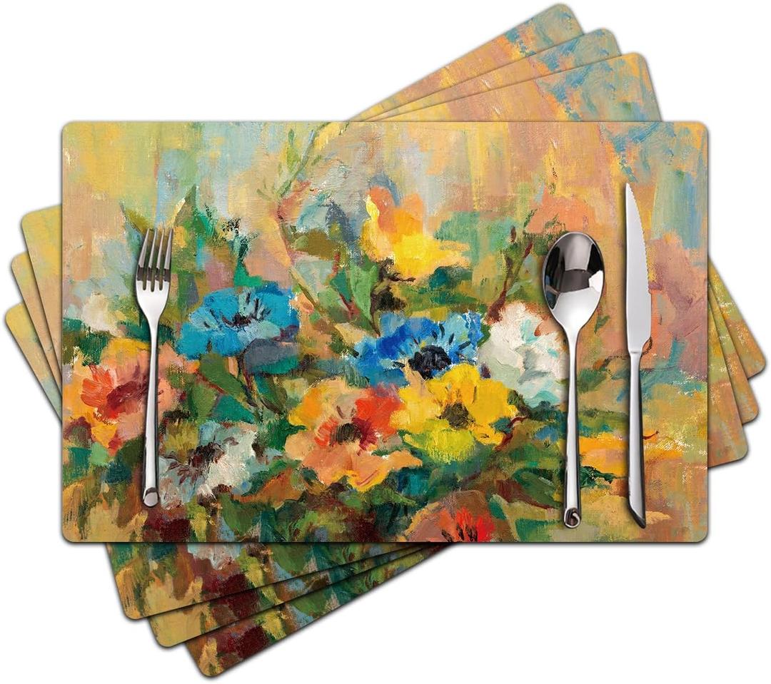 Spring Floral Placemats Set of 4 - Faux Leather Heat Resistant Placemats for Dinner Table, Non-Slip Waterproof Oil-Proof Washable Reusable Placemat for Indoor Outdoor Kitchen, 15.75In*11.81In (5-floral)