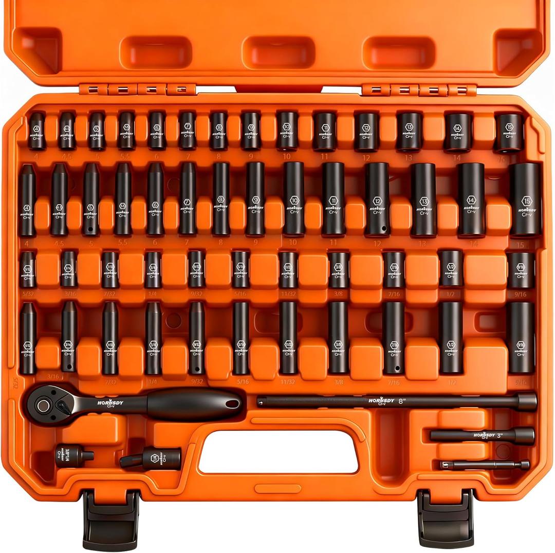 HORUSDY 56-Piece 1/4" Drive Impact Socket Set, Standard SAE (5/32 to 9/16 inch) and Metric (4-15mm) Size, 6 Point, Cr-V, 1/4-Inch Drive Ratchet Wrench, Drive Extension Bar, Impact Universal Joint