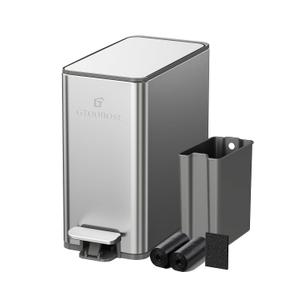 10L/2.6G Slim Bathroom Trash Can, Narrow Stainless Steel Soft-Close Step Pedal Bin with Lid, Odor Control Carbon Box, Removable Inner Bucket, Small Waste Bin for Bedroom, Office, RV (Silver)