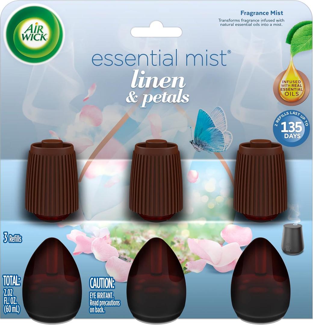 Air Wick Essential Mist Refill, 3ct, Linen & Petals, Air Freshener, Essential Oils (0.67 Fl Oz (Pack of 3))