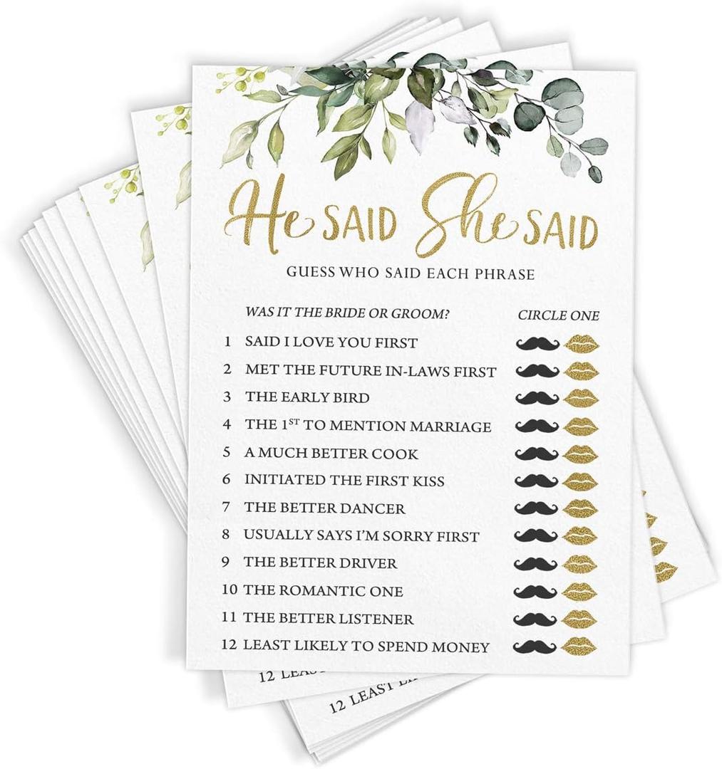 Printed Party Bridal Shower Games  He Said She Said Game with Fun Bride and Groom Trivia, Wedding Shower Activity, Botanical Eucalyptus Theme, 50 Guests
