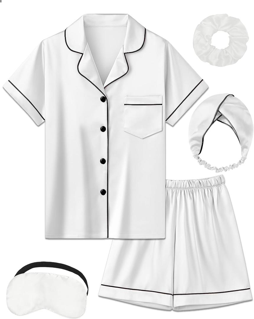 Kids Girl Pajama Set with Headband Blindfold Hair Tie Toddler Boy Girl Satin Silky Button-up Pajama Sleepwear (5-6 Years, White-short)