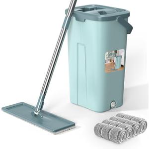 Mop and Bucket with Wringer Set, Flat Squeeze Mop and Bucket System for Home, Wet & Dry Use Wall Mop System with 4 Microfiber Pads, Separates Dirty & Clean Water Handimop Bucket Set for Floor Cleaning