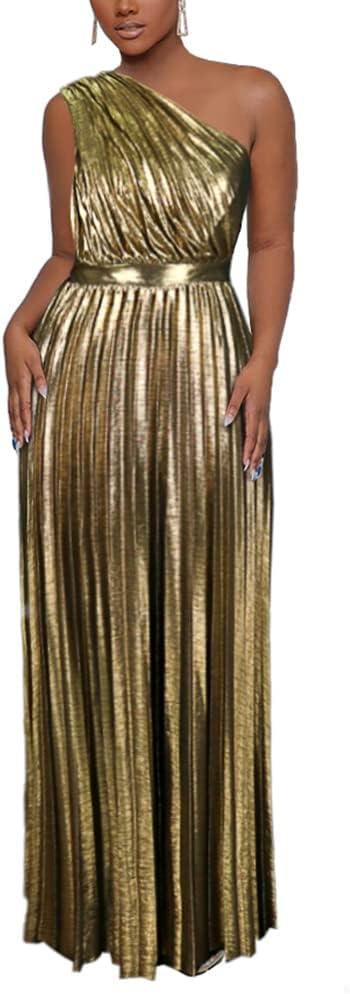 AOMEI Women's Luxury Metallic One Shoulder Sleeveless Elegant Pleated Long Dress (XX-Large, Gold)