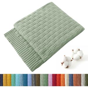 TREELY 100% Cotton Knitted Throw Blanket Couch Cover Blanket (60 x 80 Inches, Light Sage Green)