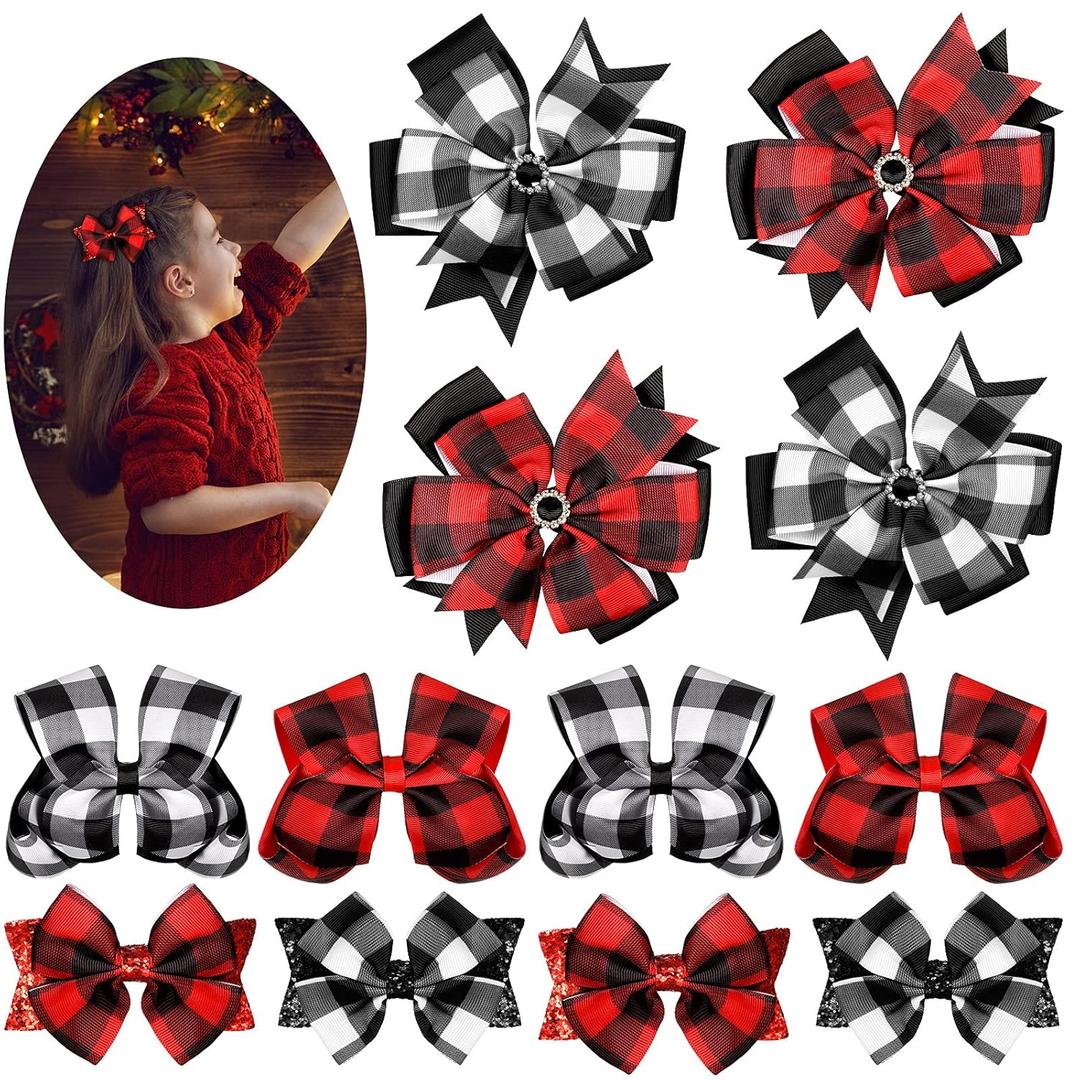 12 Pieces Christmas Hair Bows With Alligator Clips - Large Red and Black Checkered Buffalo Plaid Bow Hair Accessories for Christmas Decoration