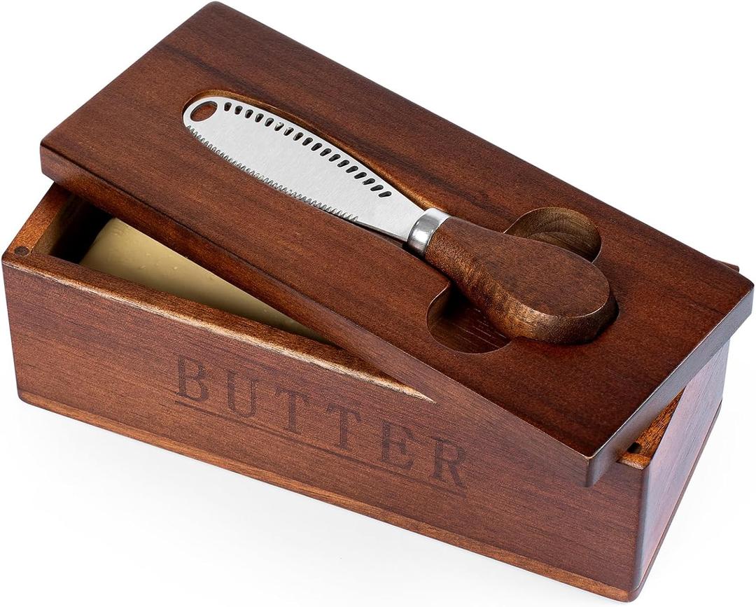 Butter Dish with Magnetic Lid, Acacia Wood Butter Keeper With Knife, Detachable Butter Container With Cover For Countertop Refrigerator