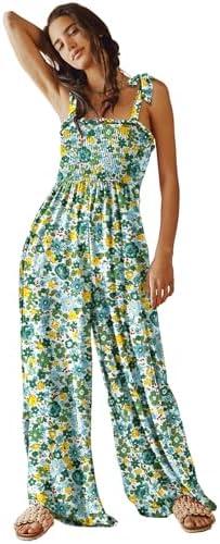 YESNO Women's Casual Overalls Summer Tie Shoulder Smocked Floral Wide Leg Jumpsuits Baggy Rompers with Pockets PZE L