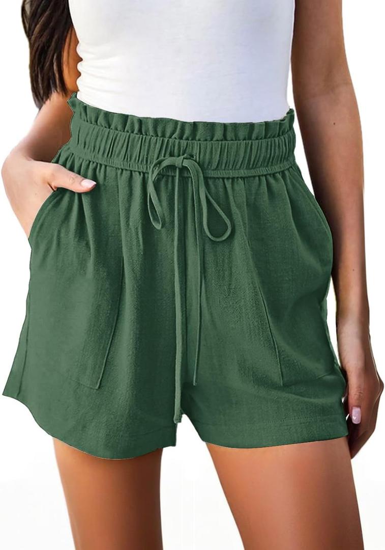 Hody Lovy High Waisted Linen Shorts for Women with Pockets Beach Vacation Resort Wear Casual Summer Lounge (Green, L)