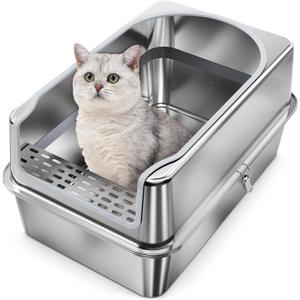 All Stainless Steel Litter Box with Metal Lid- Large Enclosed Metal Litter Boxes for Big&Multiple Cats,Anti Urine Leakage,Odor Free,Easy to Clean (2XL), Stainless Steel 