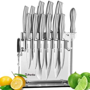 D.Perlla Knife Set, 14 Pieces Kitchen Knife Set with Clear Acrylic Knife Holder, Stainless Steel Super Sharp Chef Knife with Hollow Handle in One Piece Design