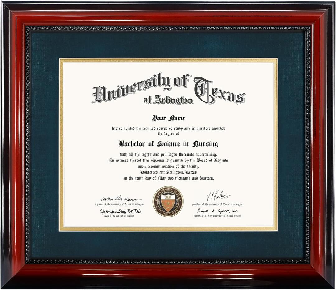 GMFrames 11x14 Diploma Degree Frame with Navy Mat or Display 15x18 Certificates without Mat,Solid Wood,Cherry Finish with Intricate Black Rope Detail,UV Protection Acrylic