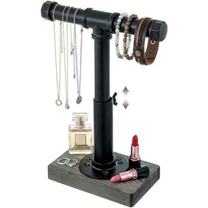 MyGift Adjustable Height Industrial Pipe Organizer Stand  Rustic TBar for Jewelry, Headphones, Medals, Kitchen Utensils & Display, Gray Wood Base (Black/Gray, Country Style)