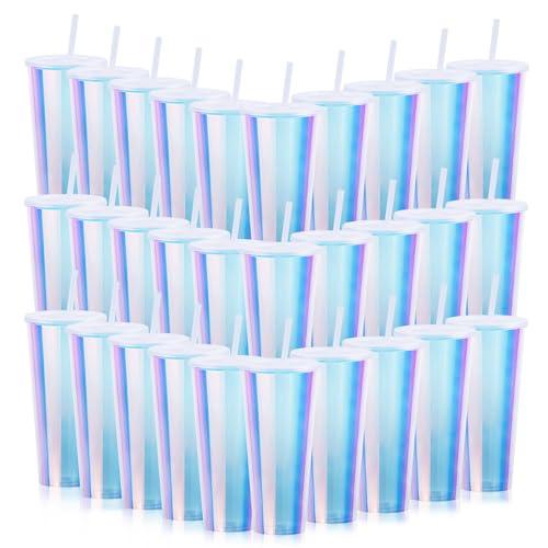 Ahongwenxi 30 Pack Iridescent Plastic Cups with Lids and Straws, 24 oz Disposable Plastic Tumblers Iced Coffee Cups Travel Mug Cup for Juices Birthday Bachelorette Party Wedding (Iridescent,24 oz)