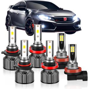 Compatible For Honda Civic 2016 201 2018 2019 2020 High Beam+Low Beam+Fog Light Bulbs Combo Pack, 6500K White, 400% Brightness with Cooling Fan, Plug and Play, Waterproof, Pack of 6