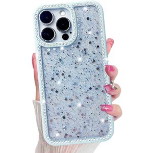 3 x for iPhone 14 Pro Max Case, Sparkly Crystal Diamonds Rhinestone Border with Shiny Glitter Sequins Phone Cover for Women Girls, Transparent TPU Bling Slim Protective Case for iPhone 14 Pro Max