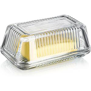 Clear Glass Butter Dish with Lid for Countertop, 6.5" Crystal Butter Dish with Cover, Covered Butter Tray for Refrigerator