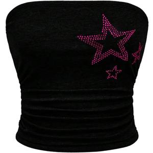 WDIRARA Women's Star Rhinestone Ruched Strapless Crop Tube Top Y2k Graphic Bandeau Tops, Black 2XL