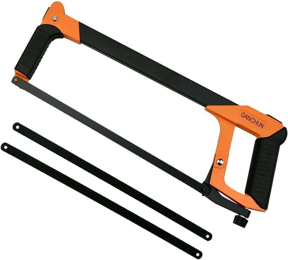 Hand Saw, 12 inch Hacksaw Frame Heavy Duty Adjustable Hacksaw with 2 Extra High-Carbon Steel Blade for Steel Pipe Cutting, PVC, Carpentry, Woodworking