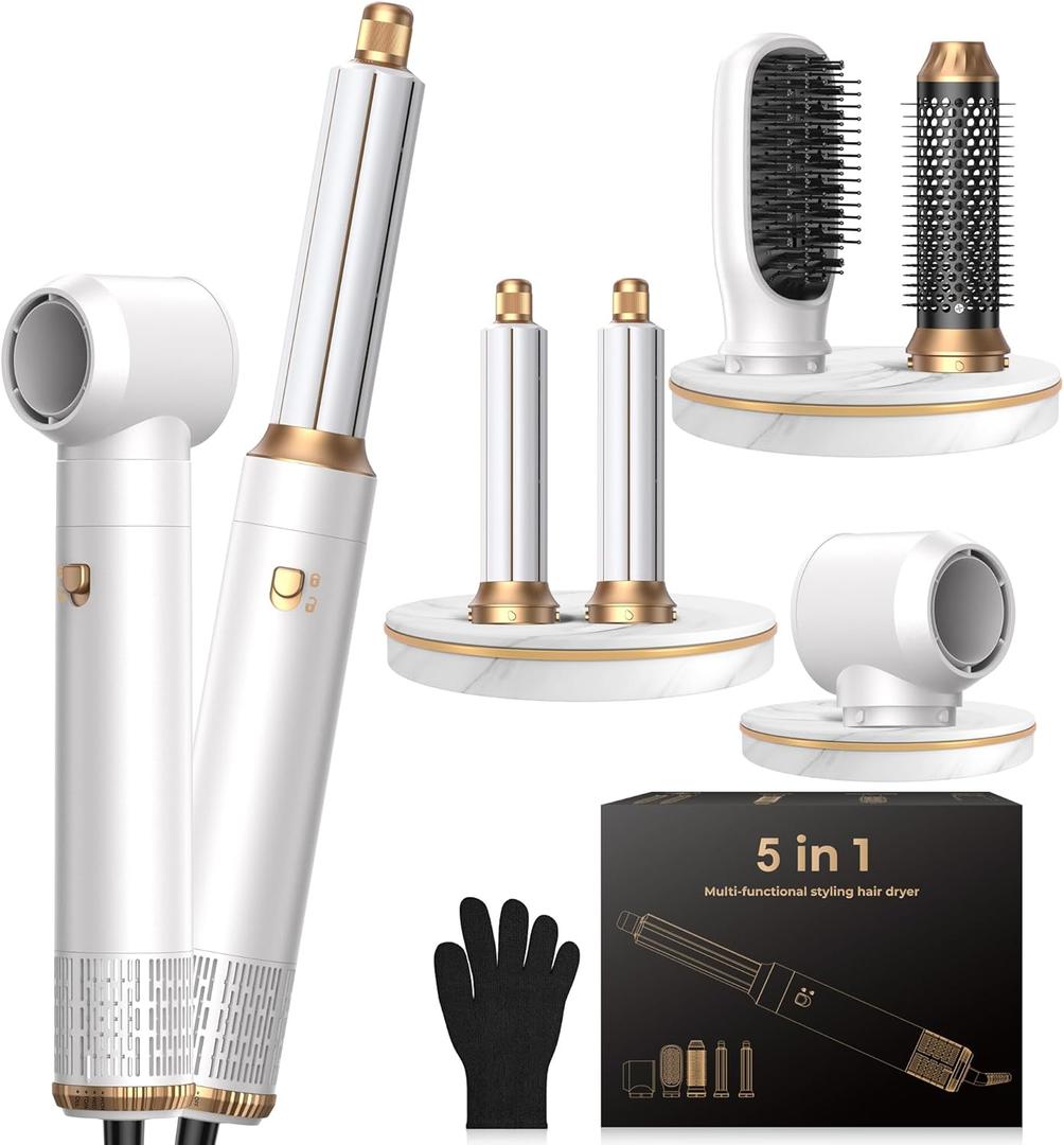 5 in 1 Hair Dryer Brush Set,Professional Negative Ionic Hot Air Styler, Air Curling Wrap Styler,Detachable Blow Dryer Brush With Auto Wrap Curlers,Hair Styling Tools For Straight/Curl/Drying/Smoothing (White Gold)