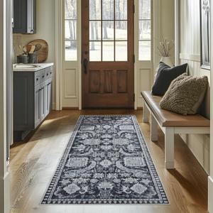 Boho 2x8 ft Runner Rug - Black and White Area Rug, Non-Slip, Washable, Indoor Outdoor Carpet for Hallway, Kitchen, Entryway