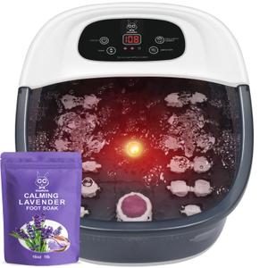 Foot Spa Bath Massager with Heat Bubbles and Vibration Massage and Jets, 16 OZ Calming Lavender Foot Soak Epsom Salt, MoodRelish Foot Soaker with Red Light, 22 Massage Rollers, Adjustable Temp - Grey