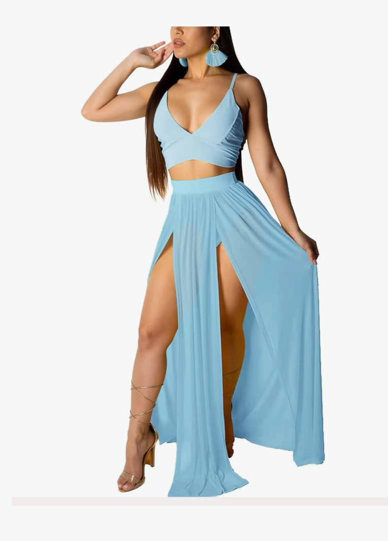 Aro Lora Women's Sexy V Neck Floral Printed Side Slit Two-Piece Maxi Dress Blue XS