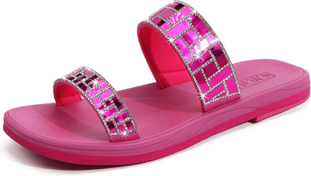 ONCAI Women's Slide Sandals Trendy Square Summer Flat Dressy Sandals for Women 2025 Cross Strappy Open Split-Toe Ring with Slip-on Rubber Soles, Size: 8.5