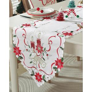 Christmas Table Runner with Embroidered Holly Leaves Poinsettia Candle Bell Winter Farmhouse Christmas Decorations Indoor Home Party Decor 68 Inches Long