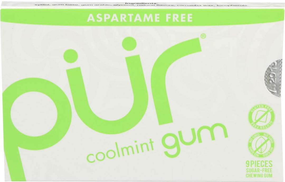 PUR 100% Xylitol Chewing Gum, Coolmint, Sugar-Free + Aspartame Free, Vegan + non GMO, 9 Count (Pack of 12) (EXP 11/12/26)