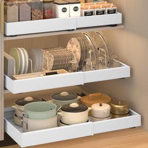 XL Pull Out Cabinet Organizer (17.1"-26.8"), Expandable Sliding Drawers for Cabinets, with 6 Adjustable Partitions, Heavy Duty Slide Out Drawers for Kitchen Cabinets, Living Room, Pantry (XX-Large 1 Pack, White)