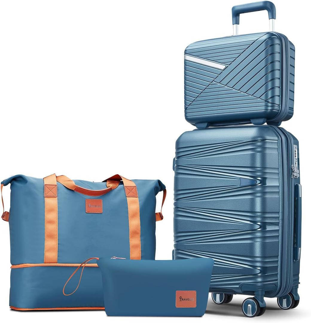 TRAVELEO 4 Piece Carry On Luggage Set 20 Inch, Expandable PP Hardshell Suitcase with Detachable Spinner Wheels TSA Lock, Includes Cosmetic Case, Travel Tote & Toiletry Bag, Lightweight (Peacock Blue)