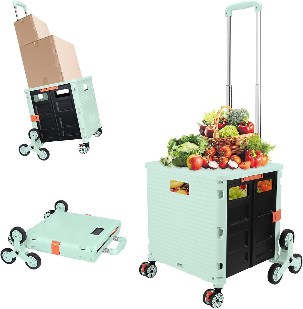 FELICON SELORSS Folding Utility Cart Portable Rolling Crate Handcart with Stair Climbing Wheels&360Swivel Wheels Telescoping Handle Plastic Box Dolly for Travel Shop Move Office Teacher Use(Green)