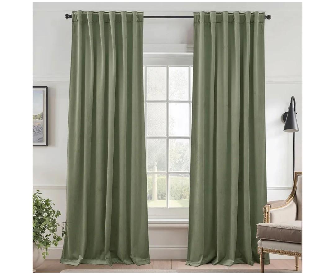 StangH Velvet Curtains 96 Inches Long, Privacy Window Treatment with Back Tab, Vintage Smooth Fabric Energy Efficient Window Panels for Dining Room/Hallway, W52 x L96 inches, Sage Green, 2 Panels