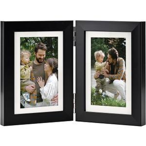 Hinged Double 4x6 Picture Frame, Real Glass, for Tabletop Display or Wall Mounted, Fits 3x5 Photos with Mat, Classic Black, For Family Photos & Wedding Memories-H46X2