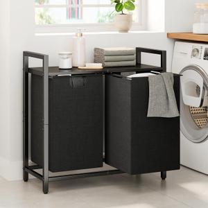 Kitstorack Laundry Basket Organizer, Laundry Hamper with Shelf & 2 Pull-Out Removable Bags, Dirty Clothes Hamper Organizer for Laundry Room Bathroom and Dorm, 2 x 11.8 gallons (44.5L) (Black)